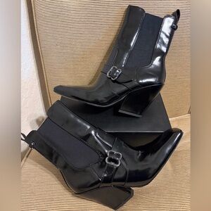 NWT Sam Edelman Women's Suzette Glossy Leather Western Bootie in Black-Size 7.5